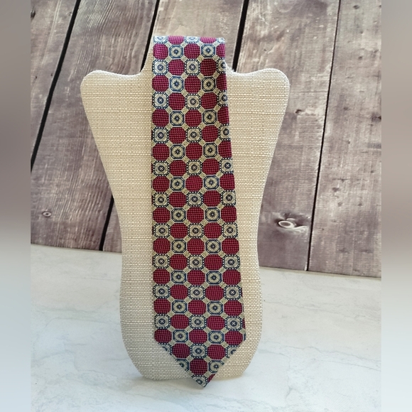 Lands End Silk Necktie Tie Red Multicolored Geometric Multi Pattern Handsewn - Picture 1 of 9